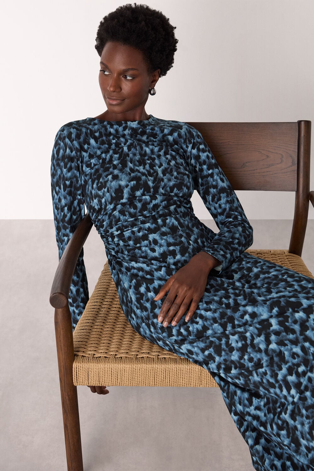 Blue Animal Jersey Ruched Dress