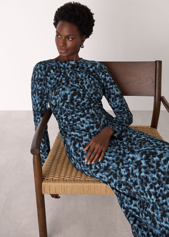 Blue Animal Jersey Ruched Dress