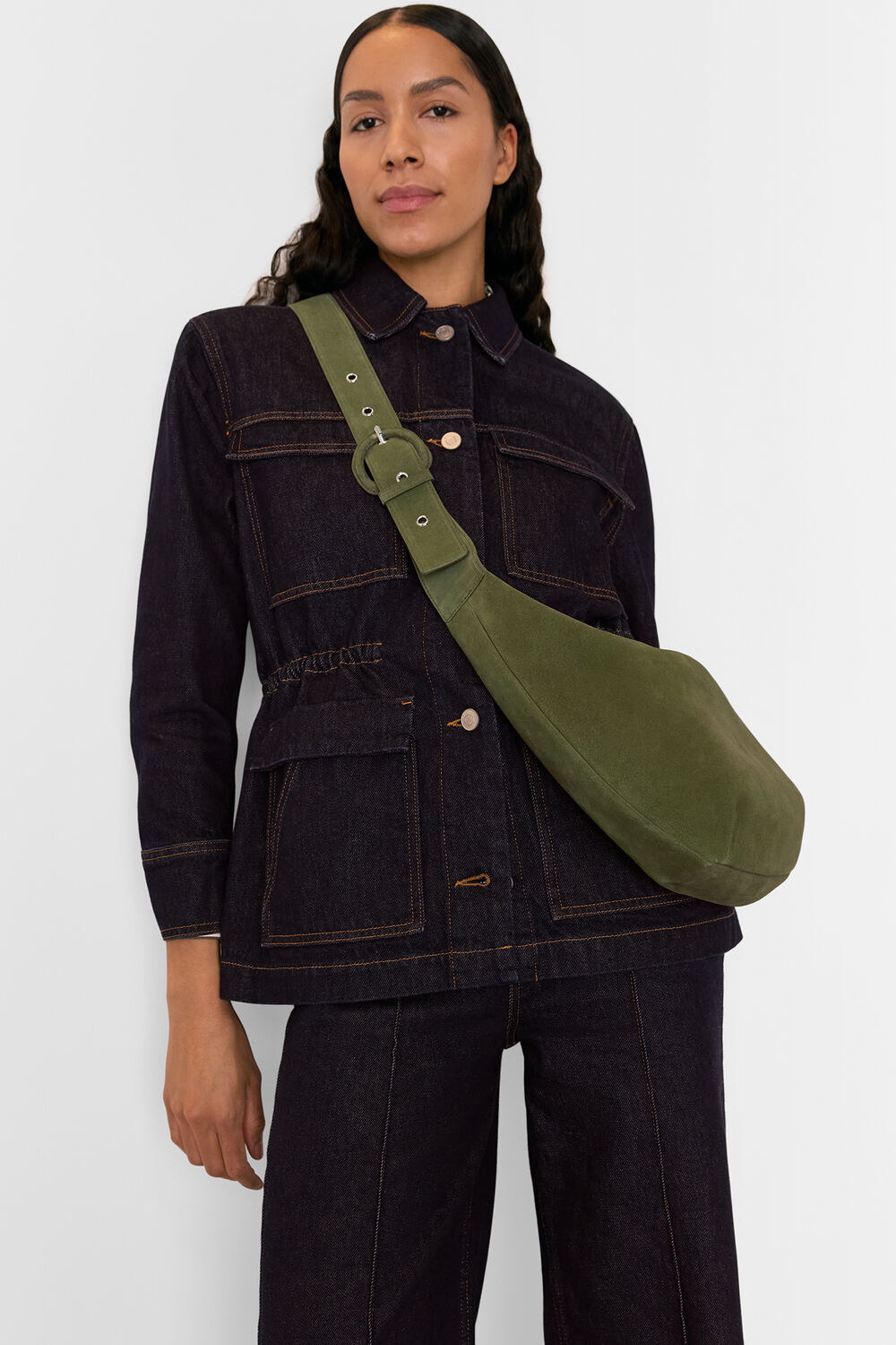 Khaki Sia Suede Curved Crossbody Bag