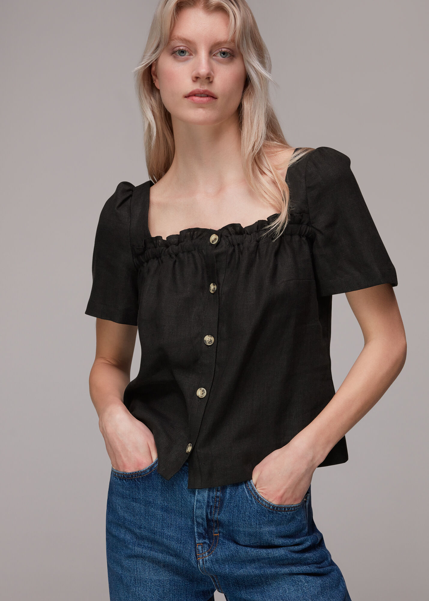 Black Square Neck Linen Top | WHISTLES | Whistles US |