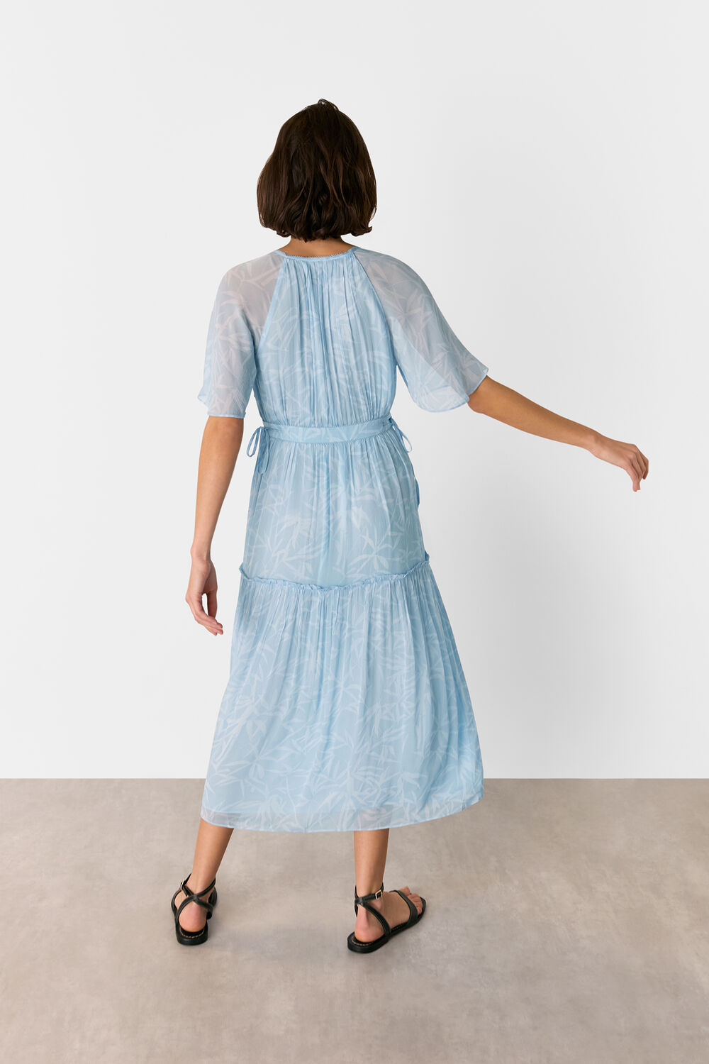 Blue Bamboo Leaves Gathered Dress