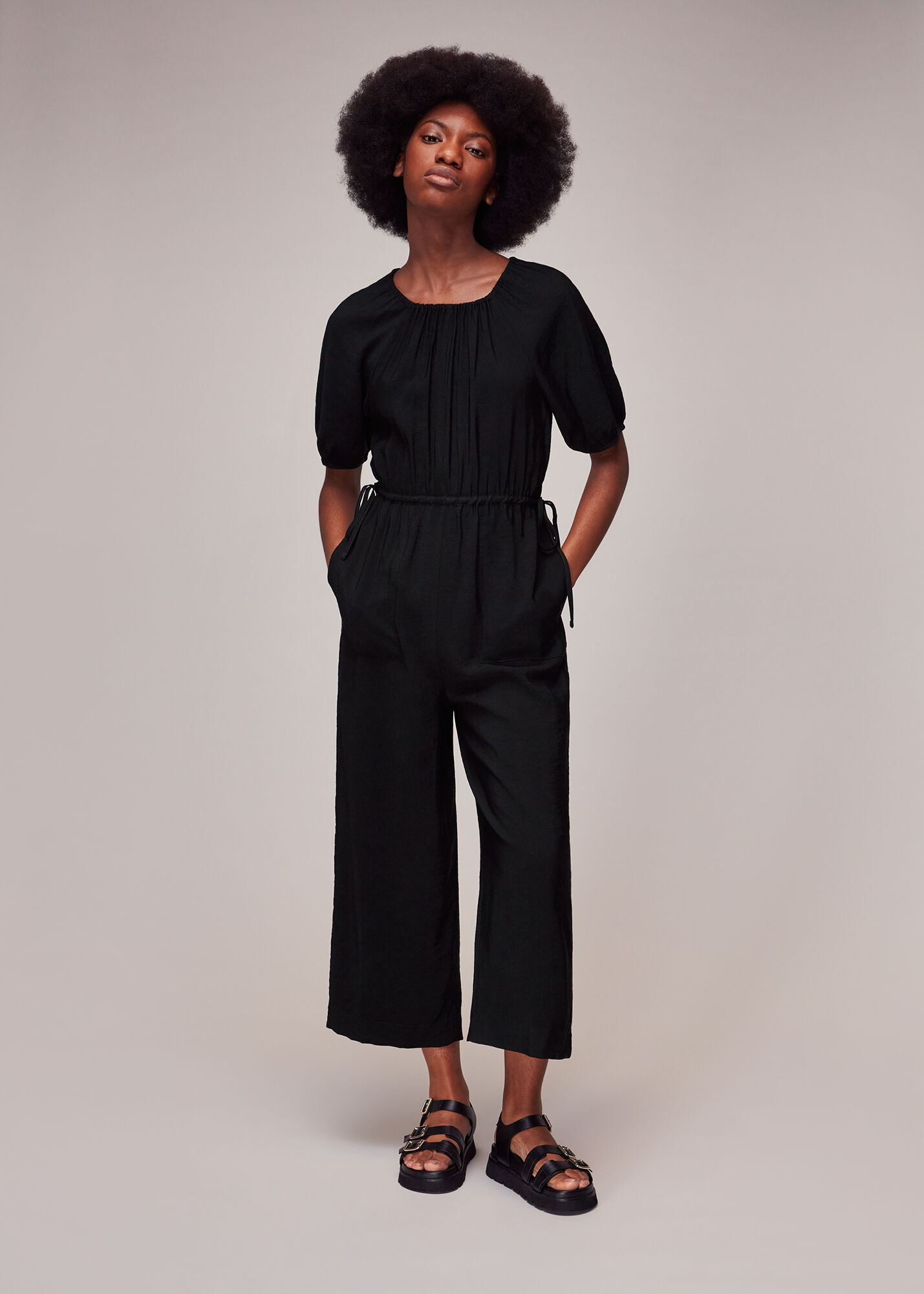 Black Melissa Gathered Neck Jumpsuit | WHISTLES | Whistles US |