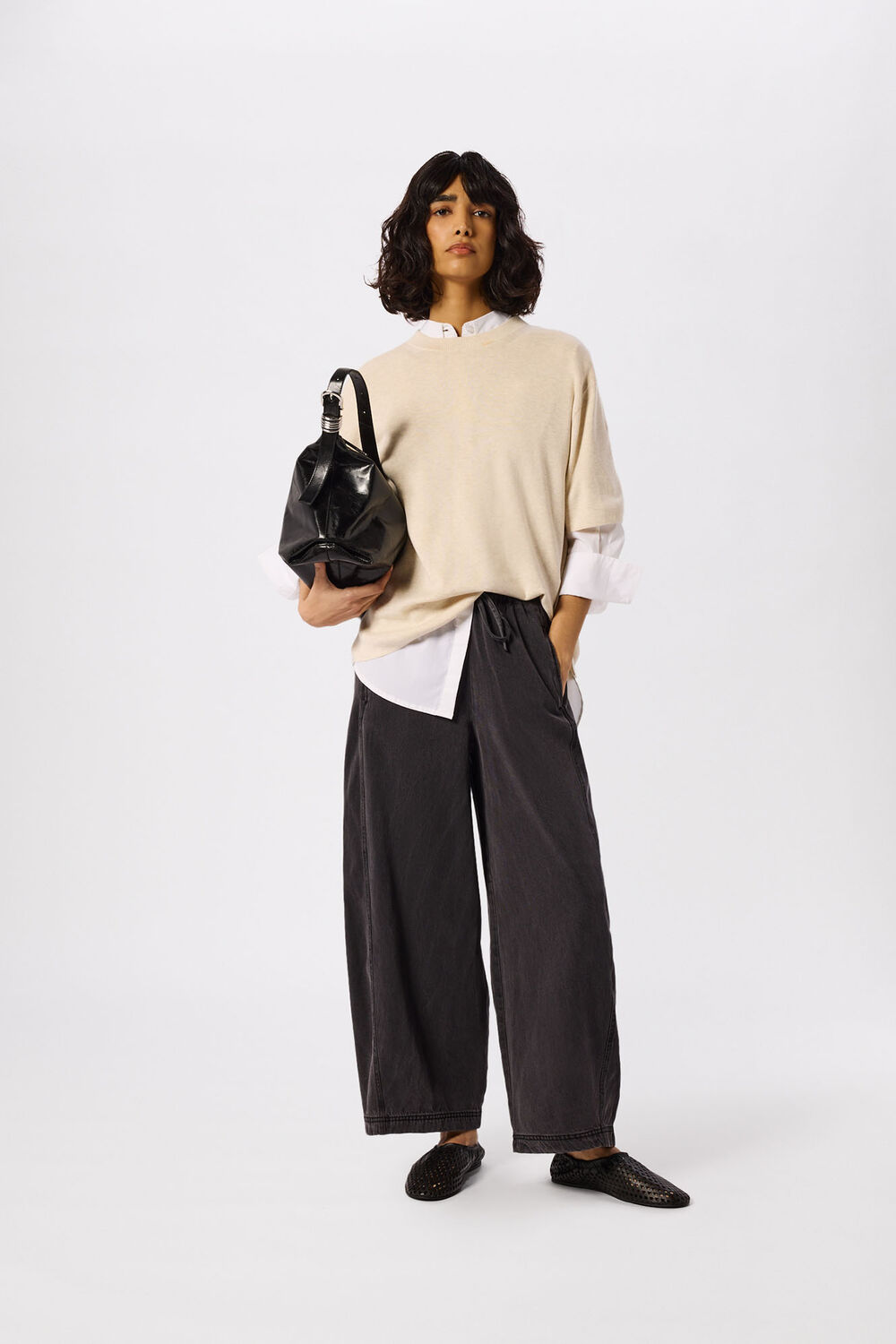 Washed Black Denim Casual Drawstring Barrel Trouser