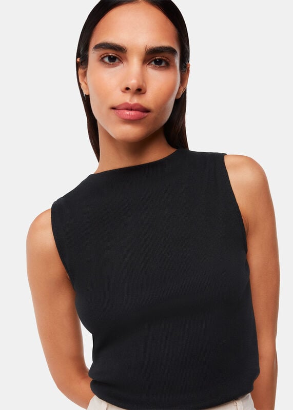 Black High Neck Rib Detail Tee