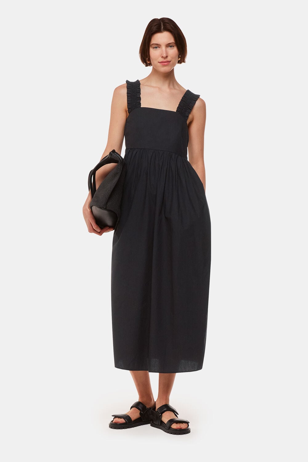 Black Ruffle Strap Poplin Midi Dress