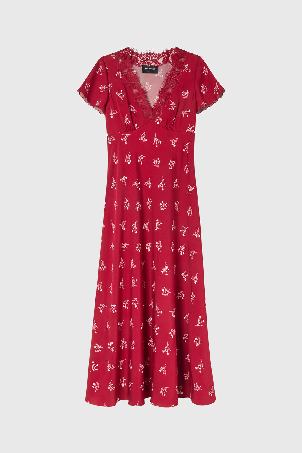 Burgundy Floral Lace Trim Midi Dress