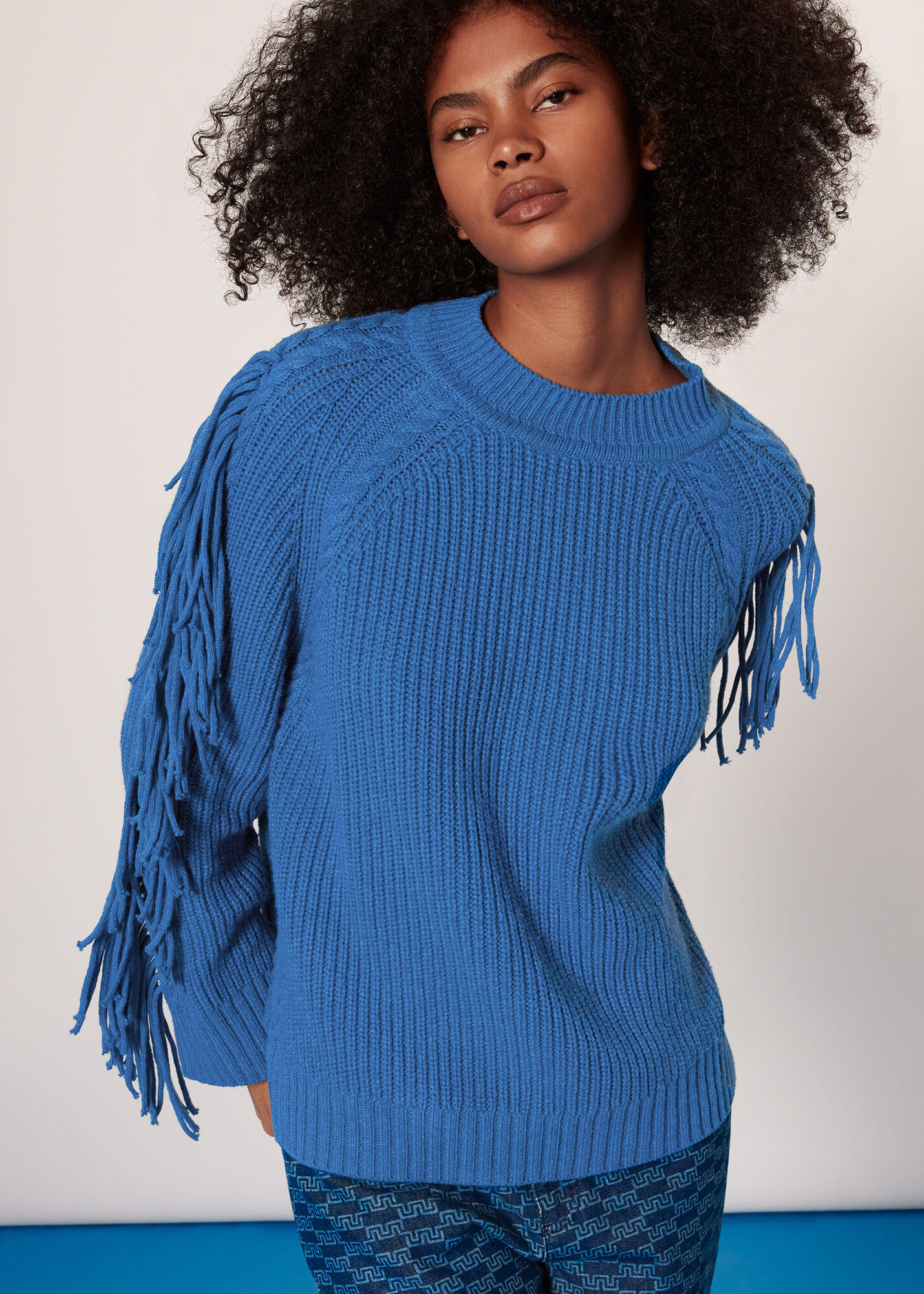 Blue Fringe Sleeve Cable Sweater | WHISTLES | Whistles US |