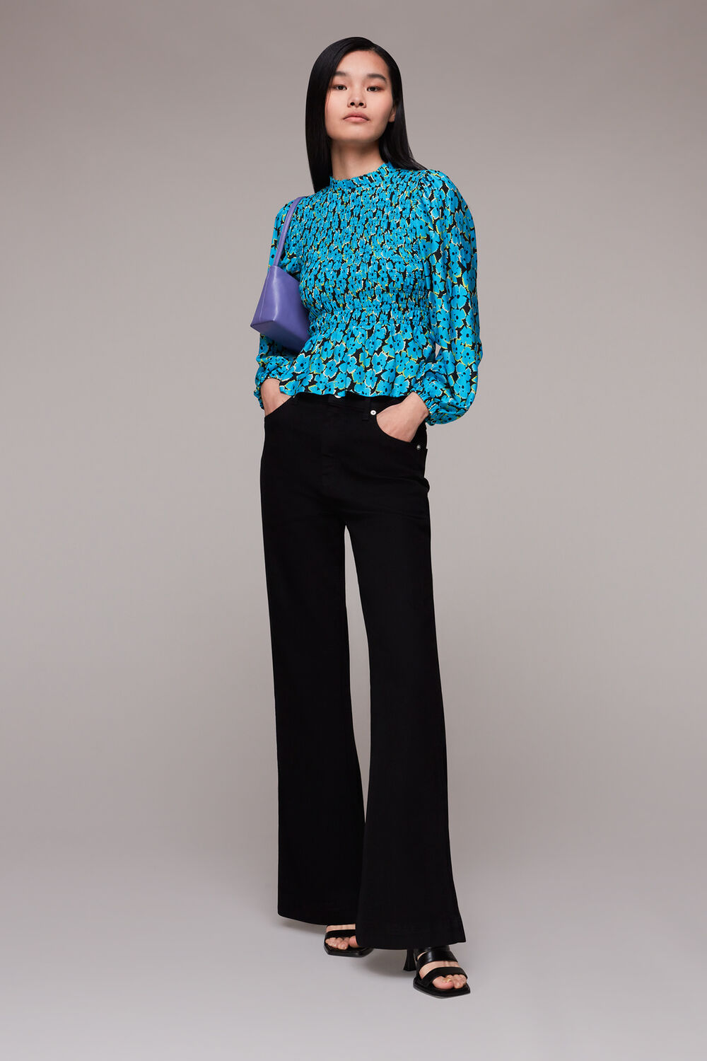 Blue Farfalle Flower Shirred Top