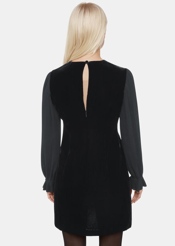 Black Petite Velvet Pleat Sleeve Mini Dress