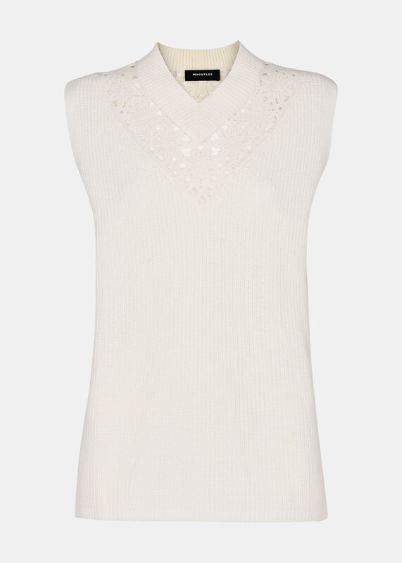 White Floral Crochet V Neck Sweater Vest