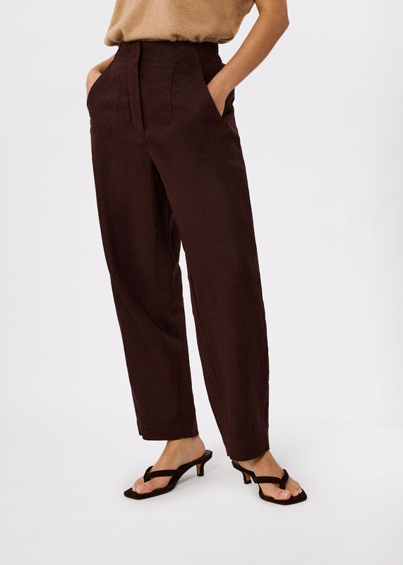 Brown Petite Linen Barrel Leg Trouser