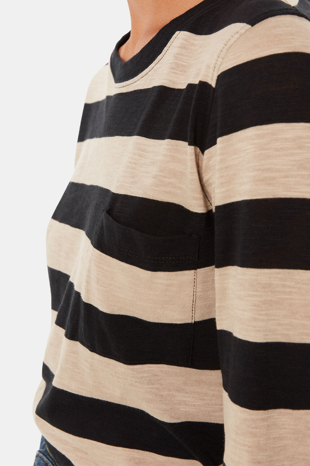 Crew Neck Stripe Pocket Top