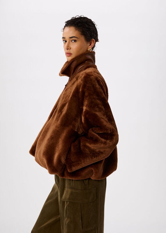 Chocolate Gathered Shearling Jacket