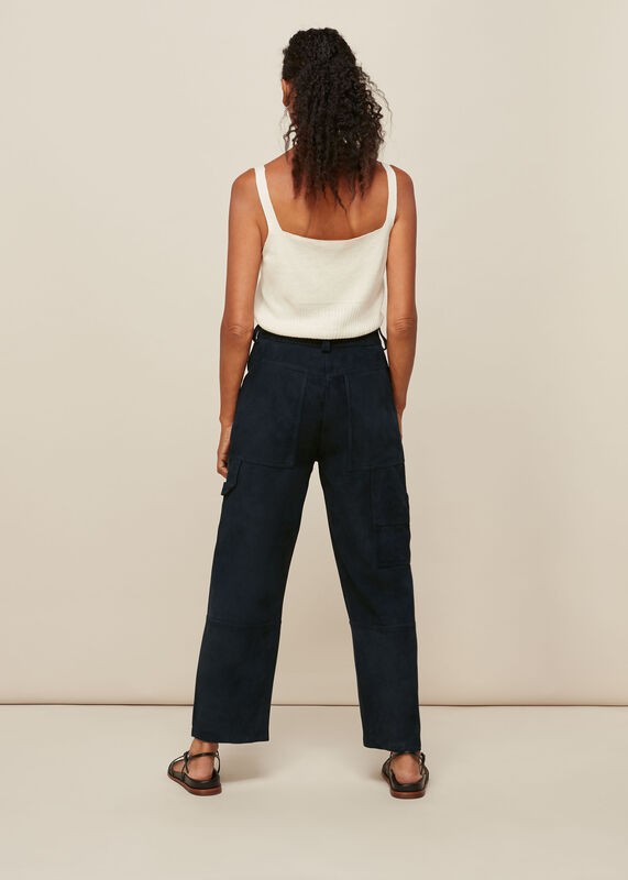 Navy Suede Leather Cargo Trouser