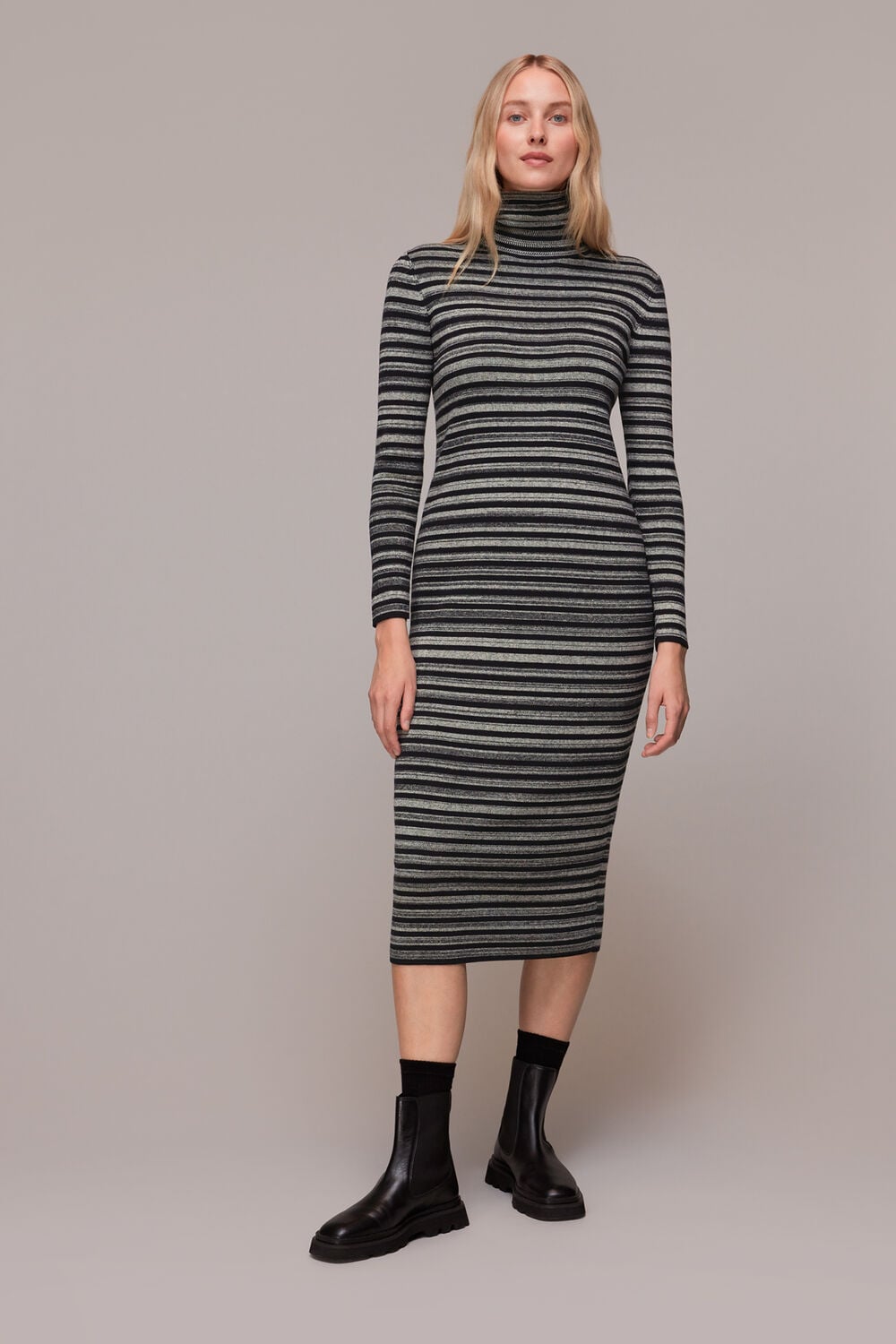Black Stripe Midi Knit Sweater Dress