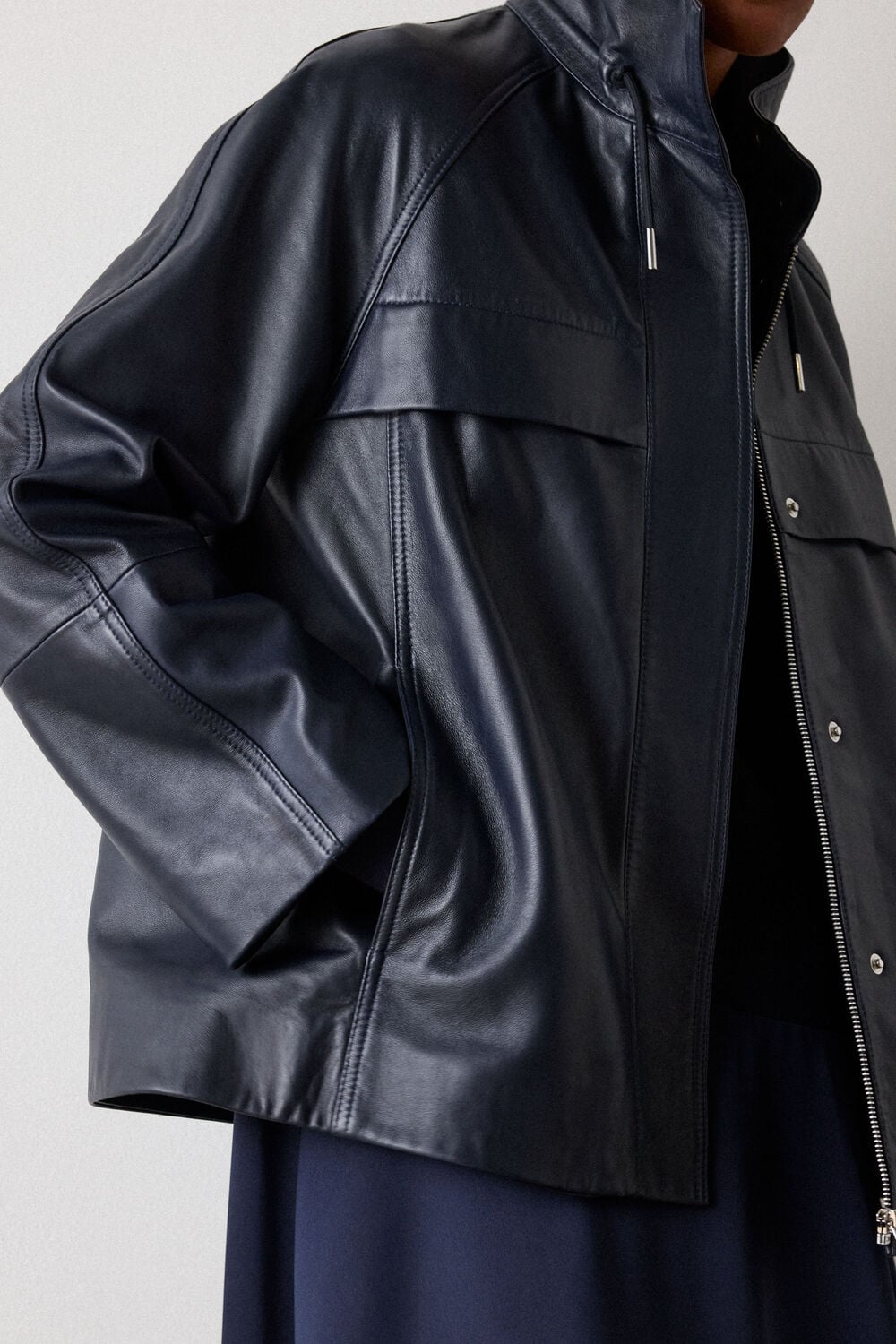 Navy Leather Funnel Neck Anorak