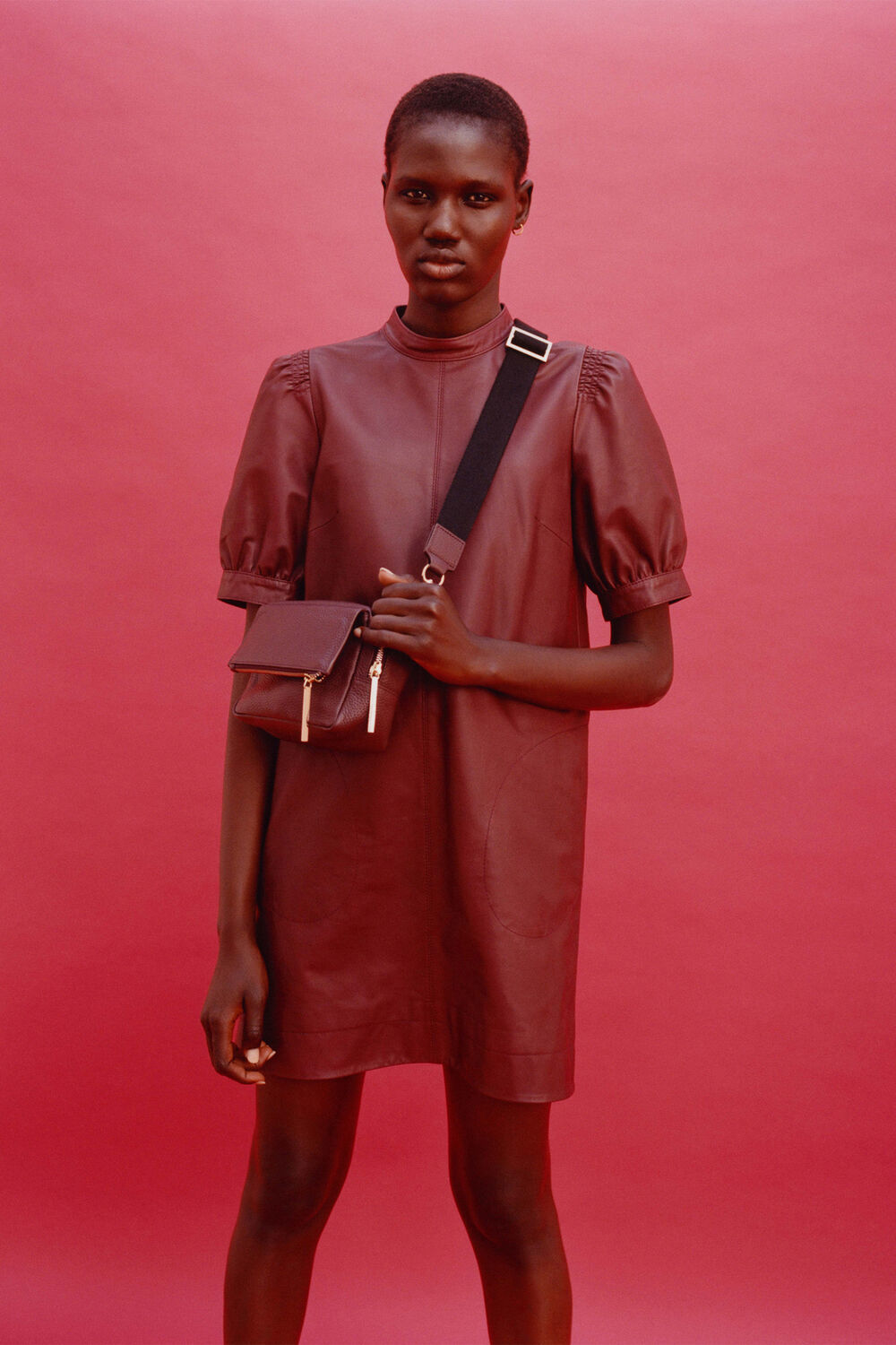 Burgundy Puff Sleeve Leather Dress