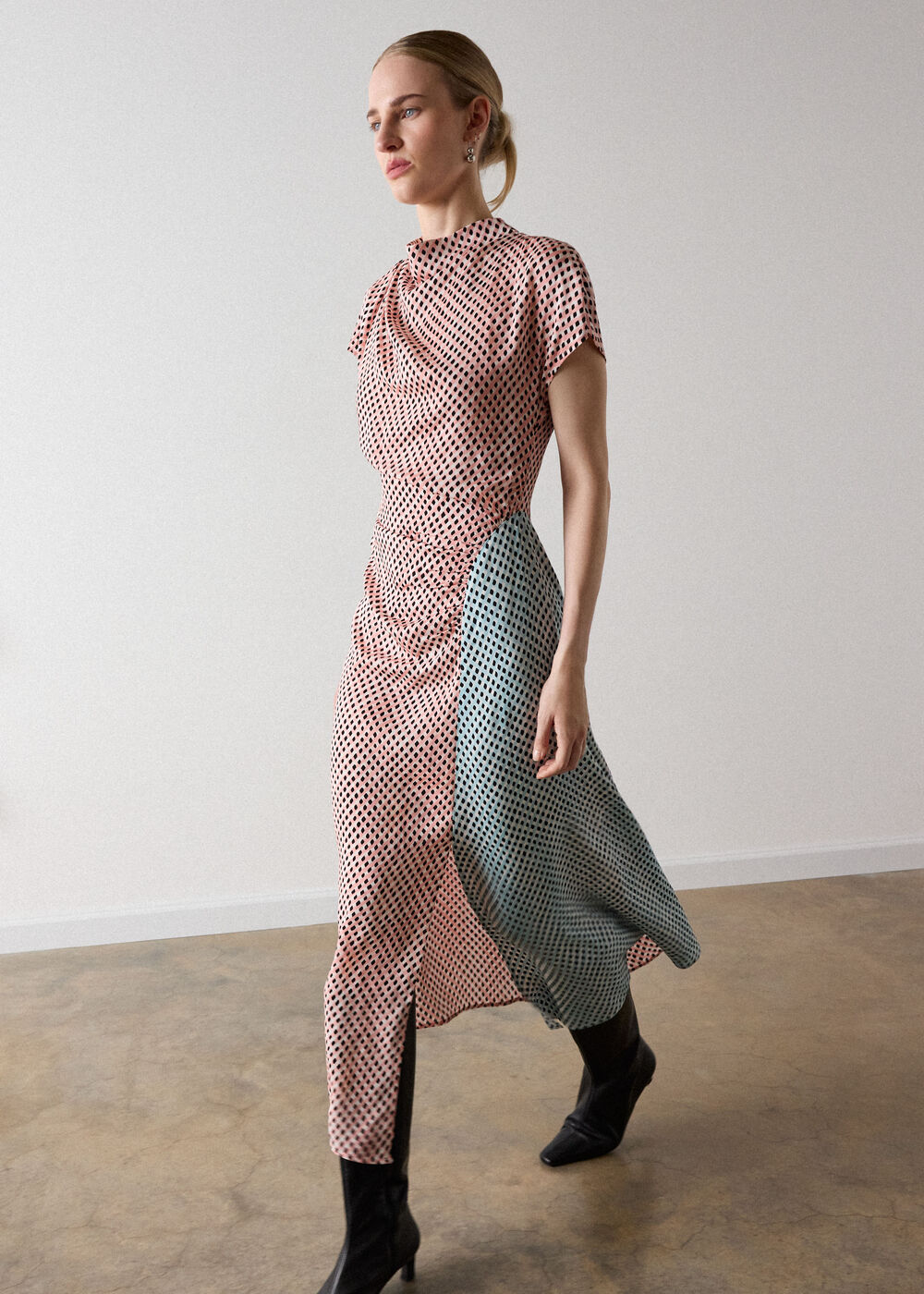 Pink Graphic Check Cowl Neck Dress