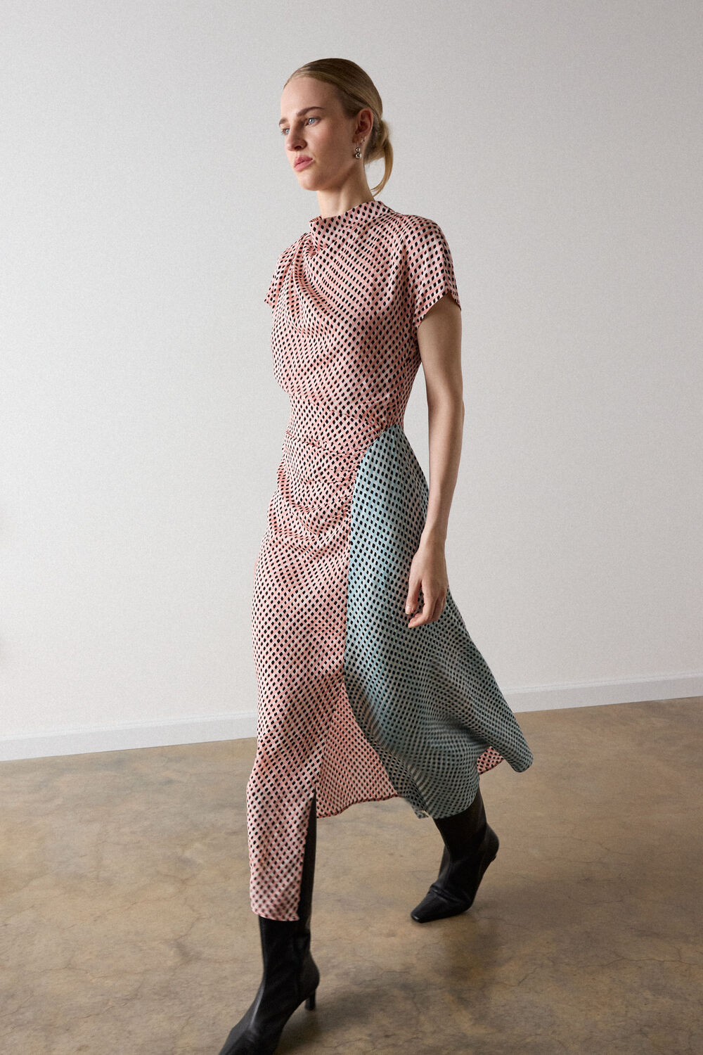 Pink Graphic Check Cowl Neck Dress