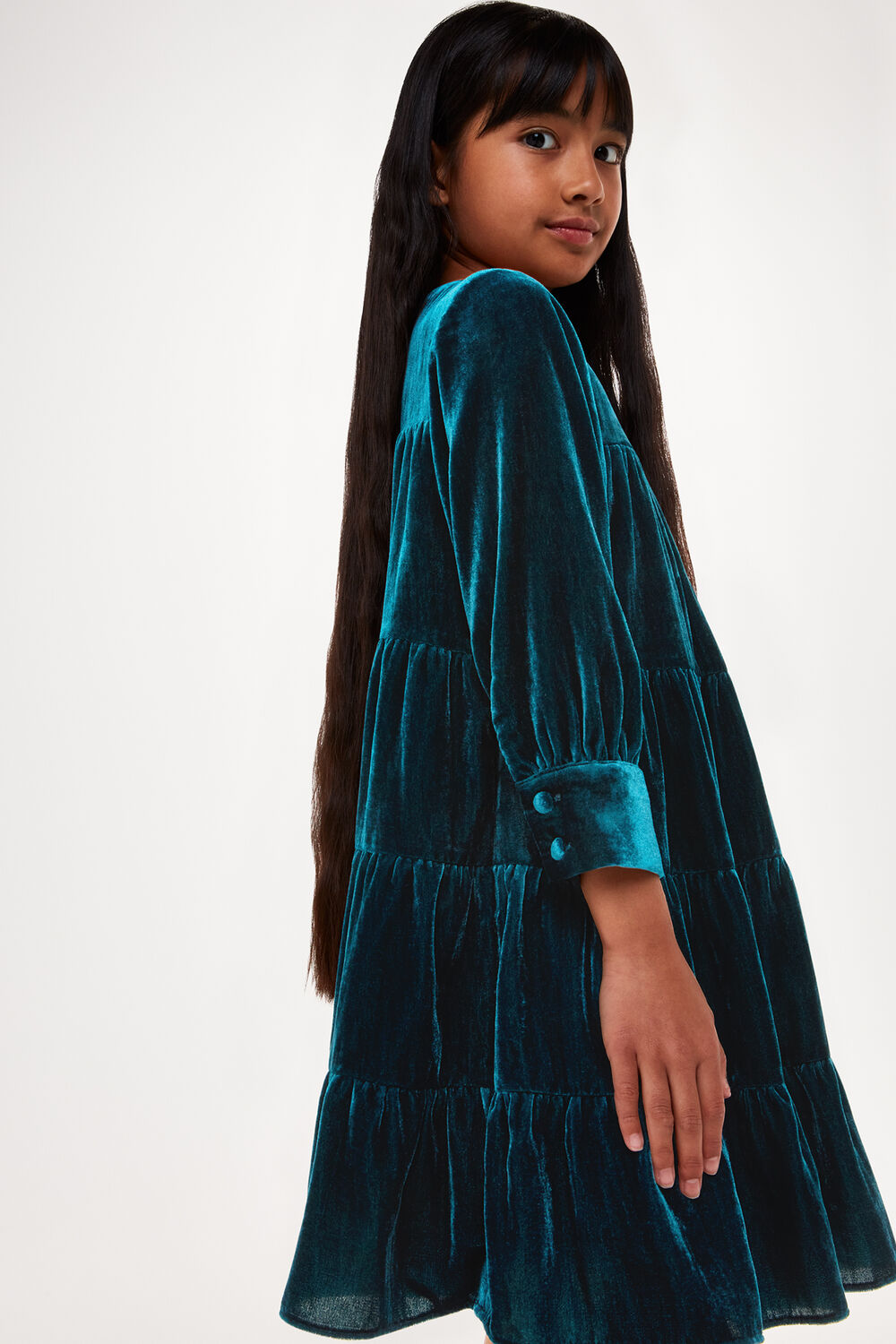 Teal Sawyer Tiered Velvet Dress