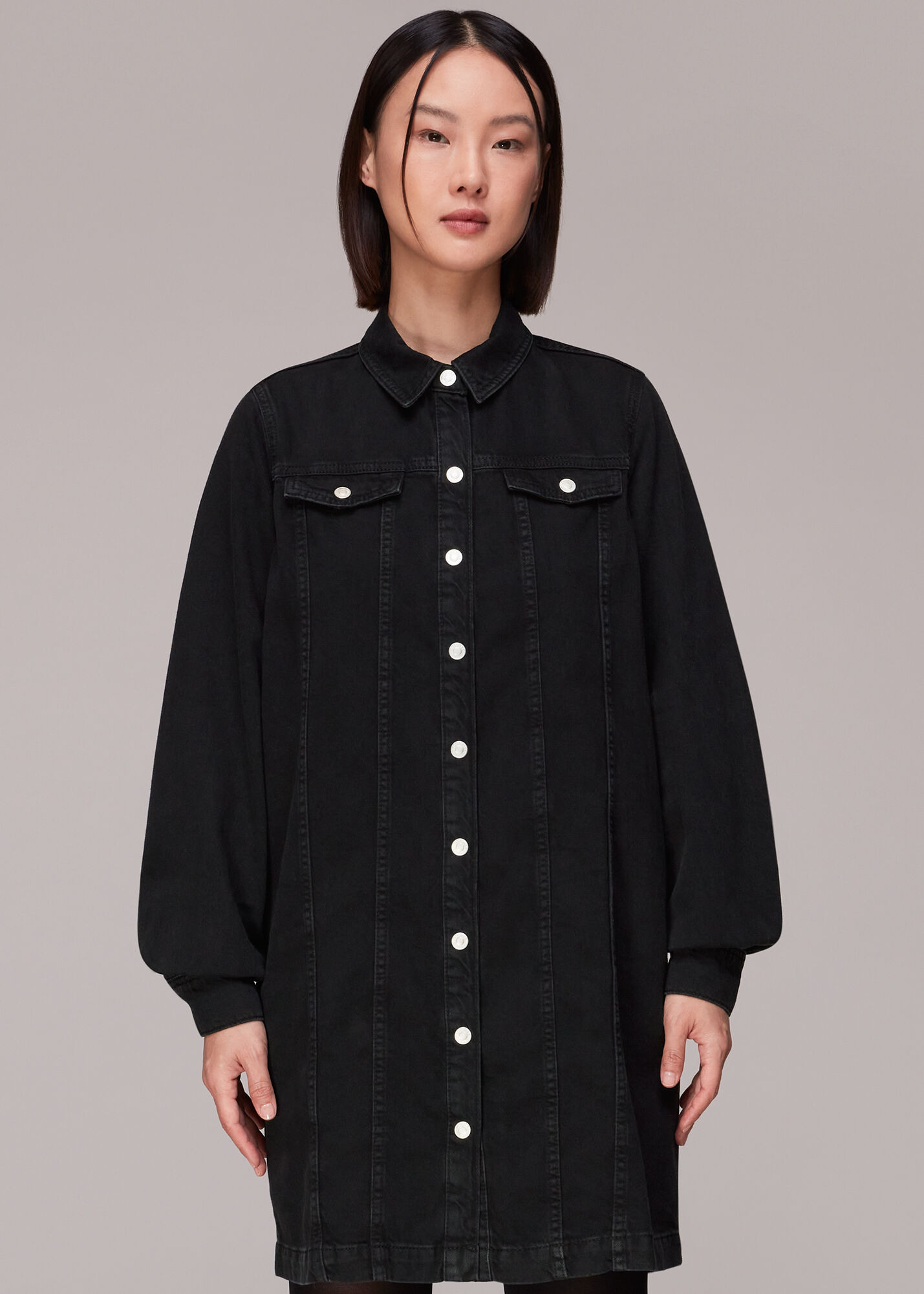 bulktz.com - Whistles cotton denim mini dress in black レディース