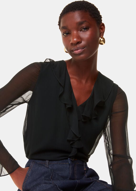 Black Ruffle Collar Detail Blouse