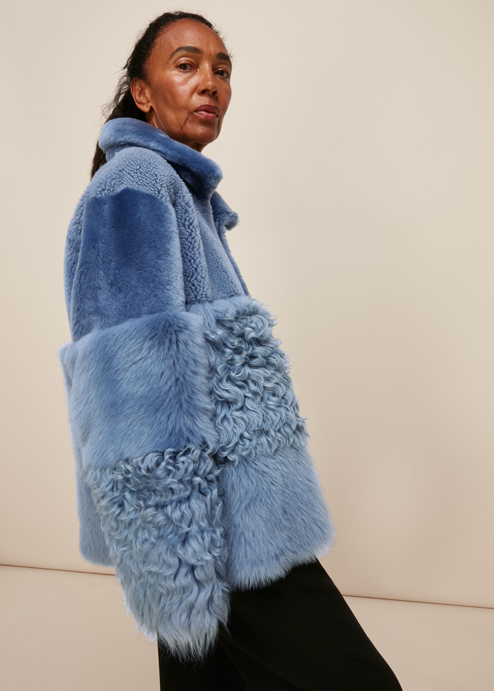 Blue shearling coat sales