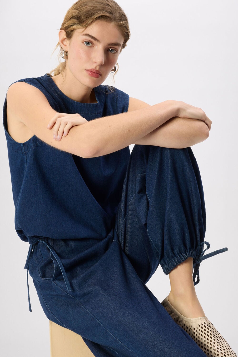 Dark Denim Tie Hem Balloon Trouser