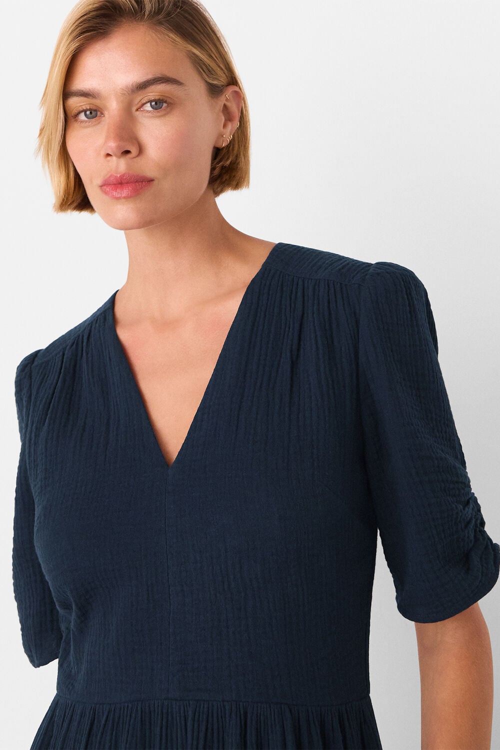 Navy Textured Cotton Midi Dress