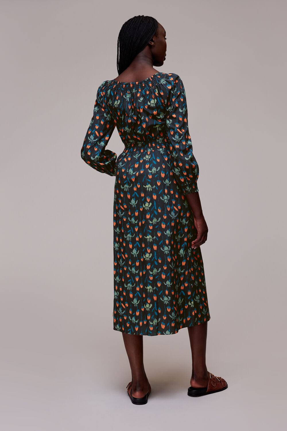 Black Tulips Print Poplin Midi Dress