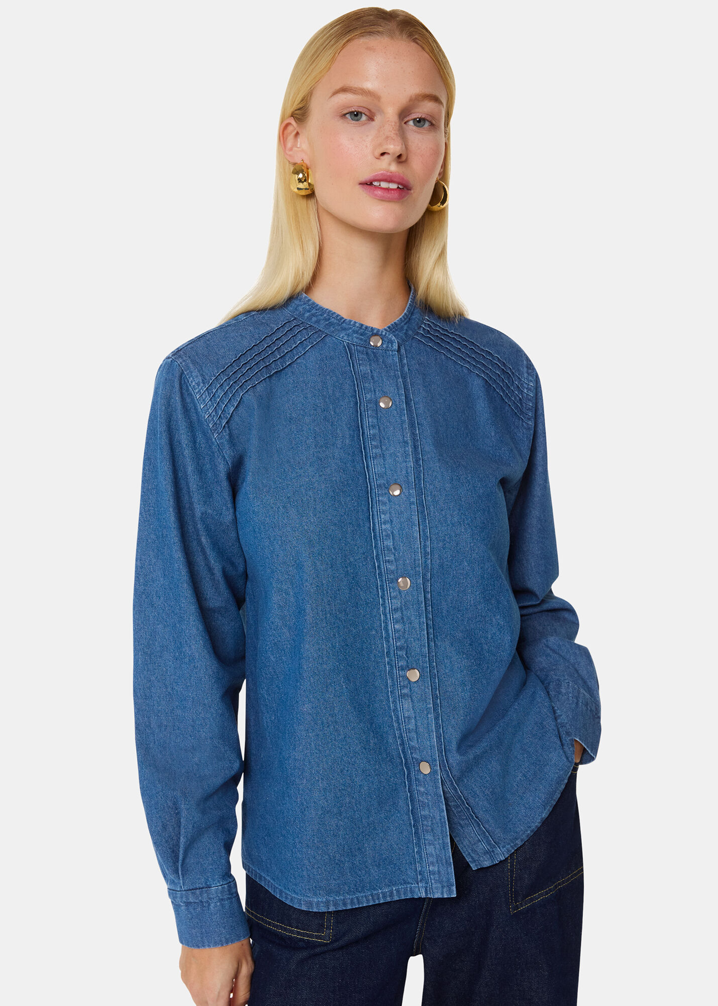 Denim Pintuck Detail Denim Shirt | WHISTLES | Whistles US |