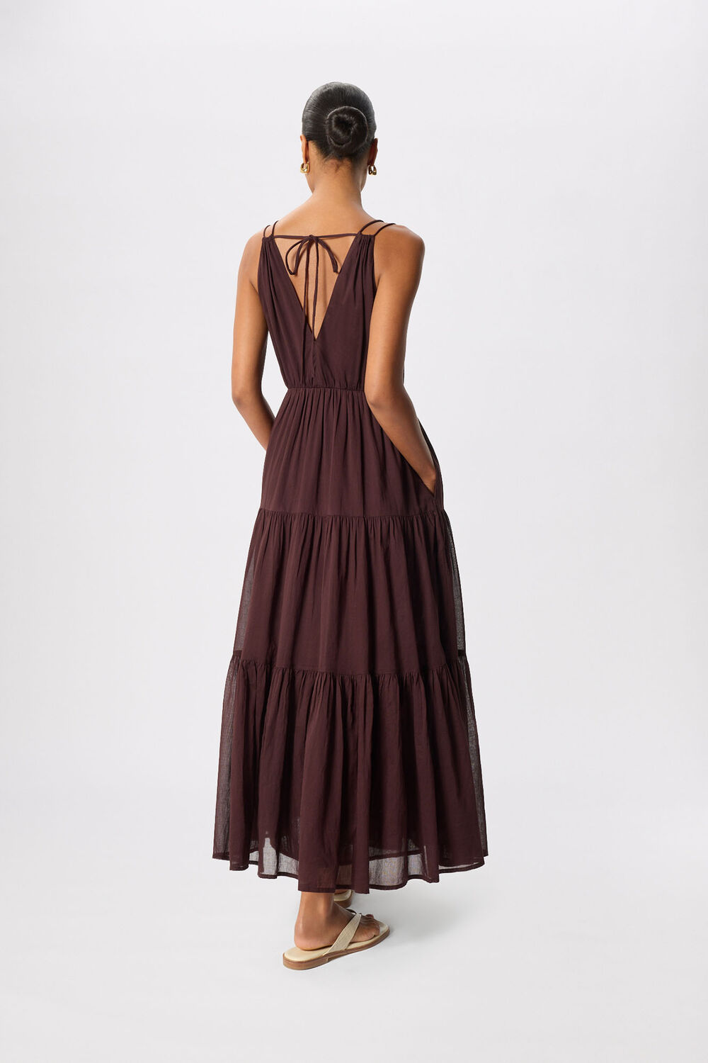 Brown Cotton Maxi V Neck Sundress