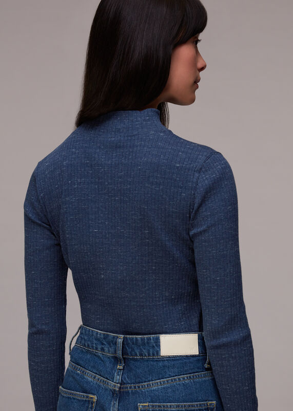 Navy Rib High Neck Melange Top