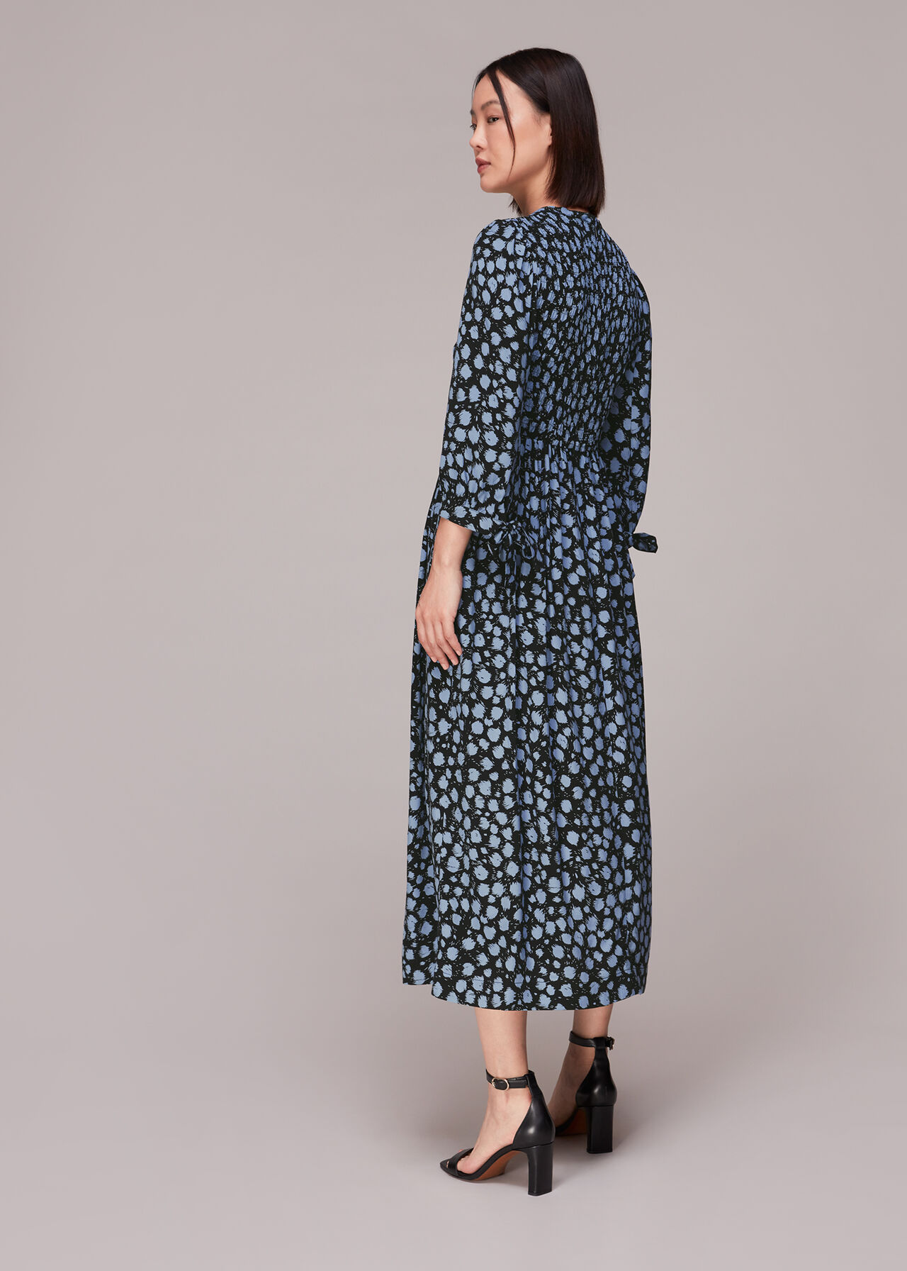 Blue/Multi Dalmatian Shirred Midi Dress | WHISTLES | Whistles ROW