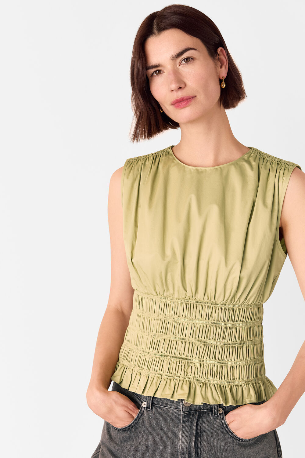 Olive Cotton Poplin Shirred Tank