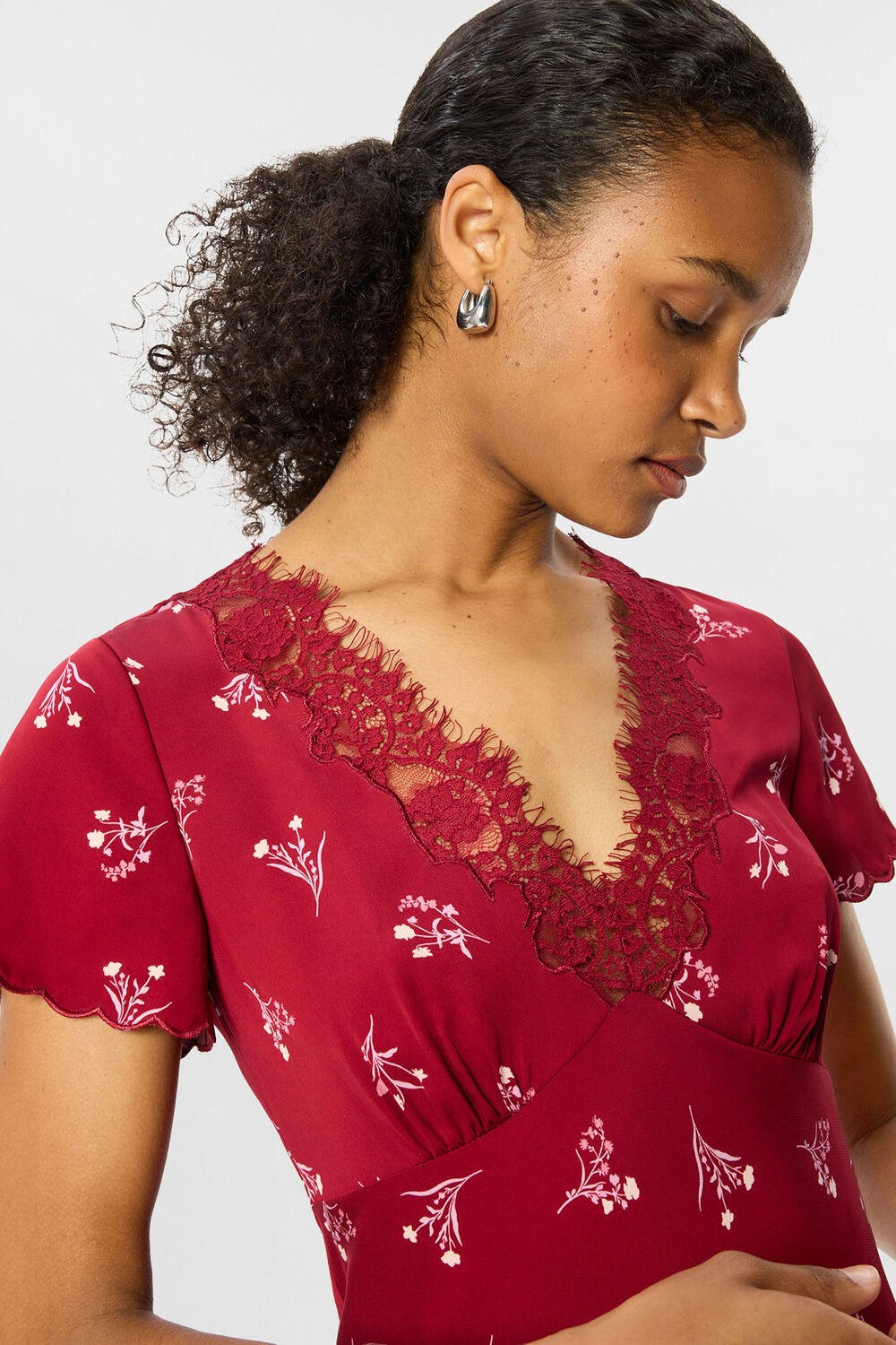 Burgundy Floral Lace Trim Midi Dress