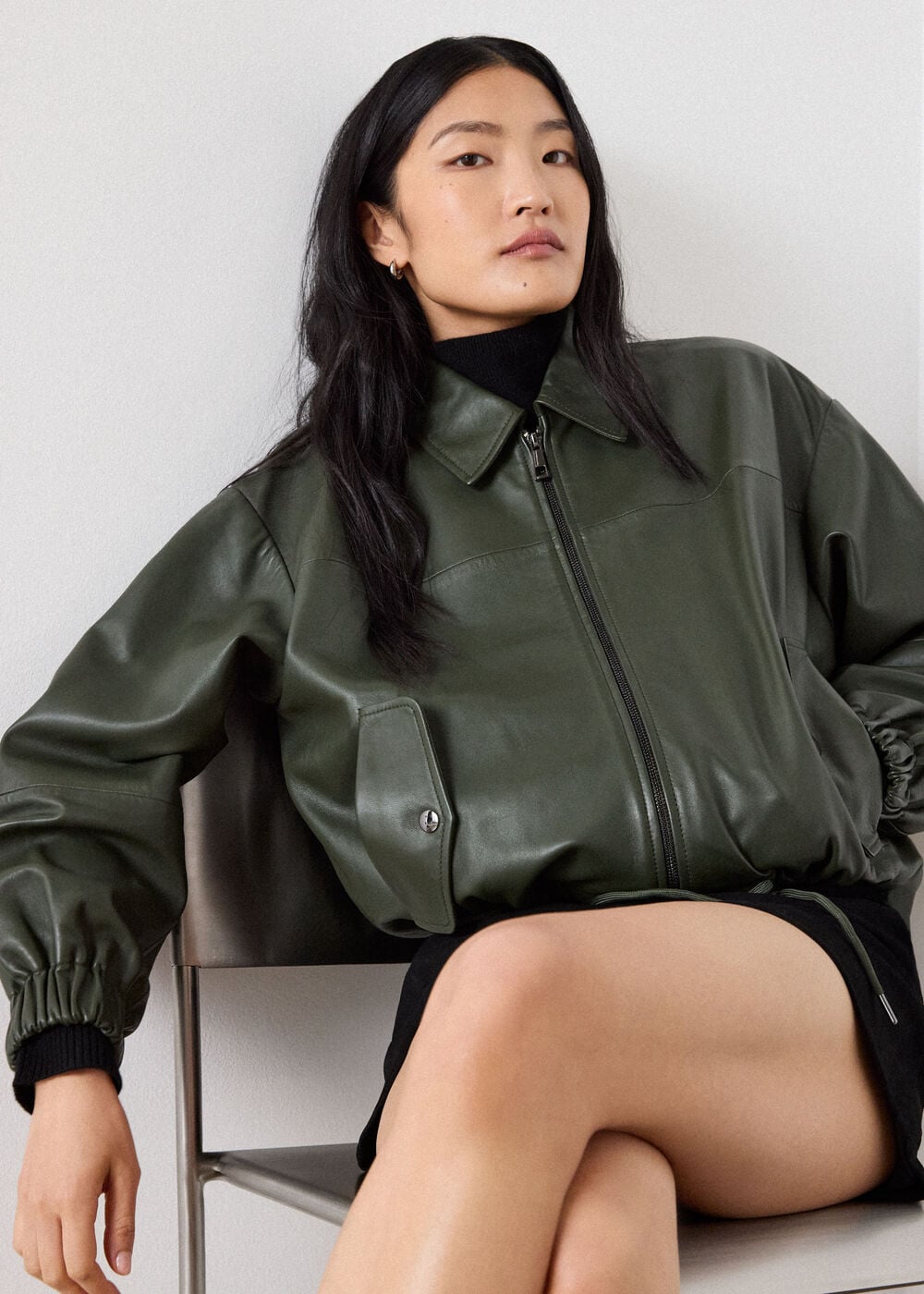 Khaki Frida Leather Bomber Jacket