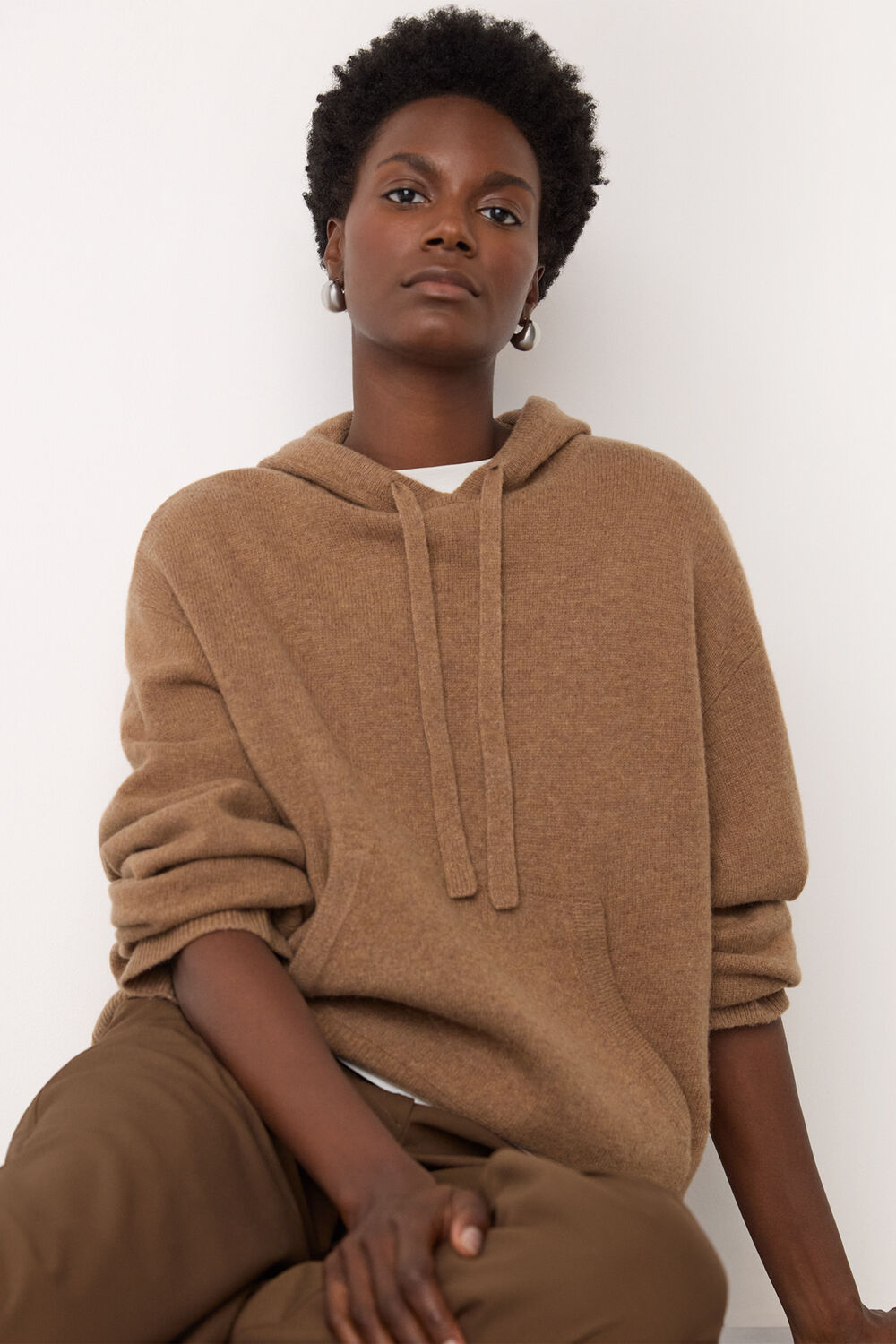 Camel Wool Knitted Hoodie