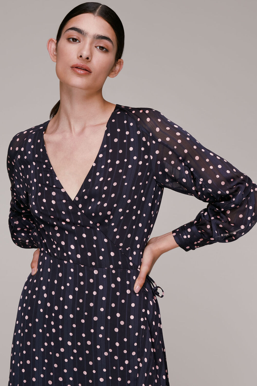 Satin Stripe Spot Wrap Dress