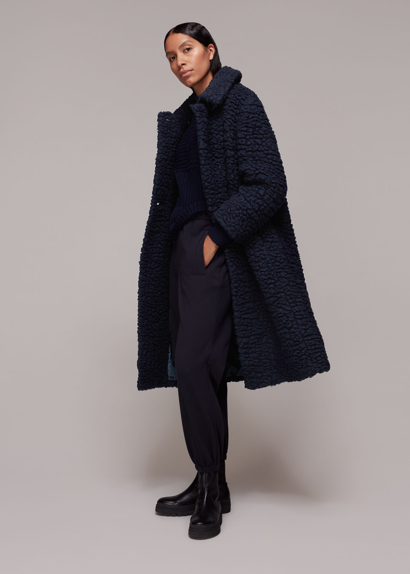 Navy Lottie Teddy Wool Coat WHISTLES