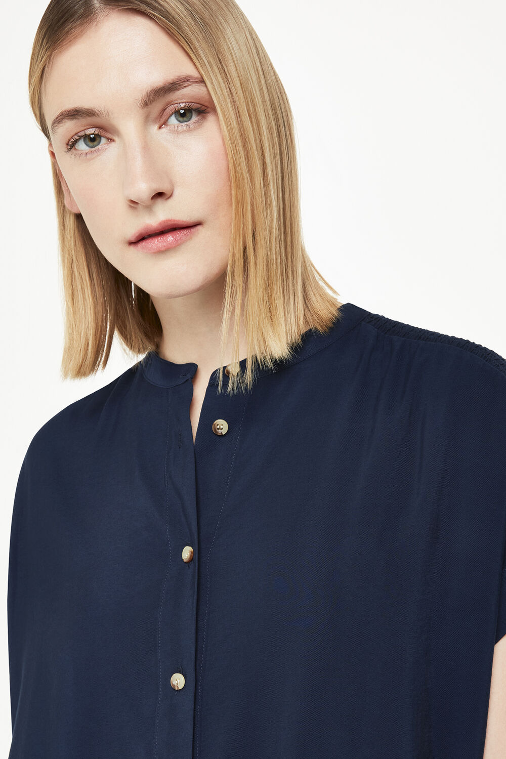 Navy Gathered Shoulder Mina Dress