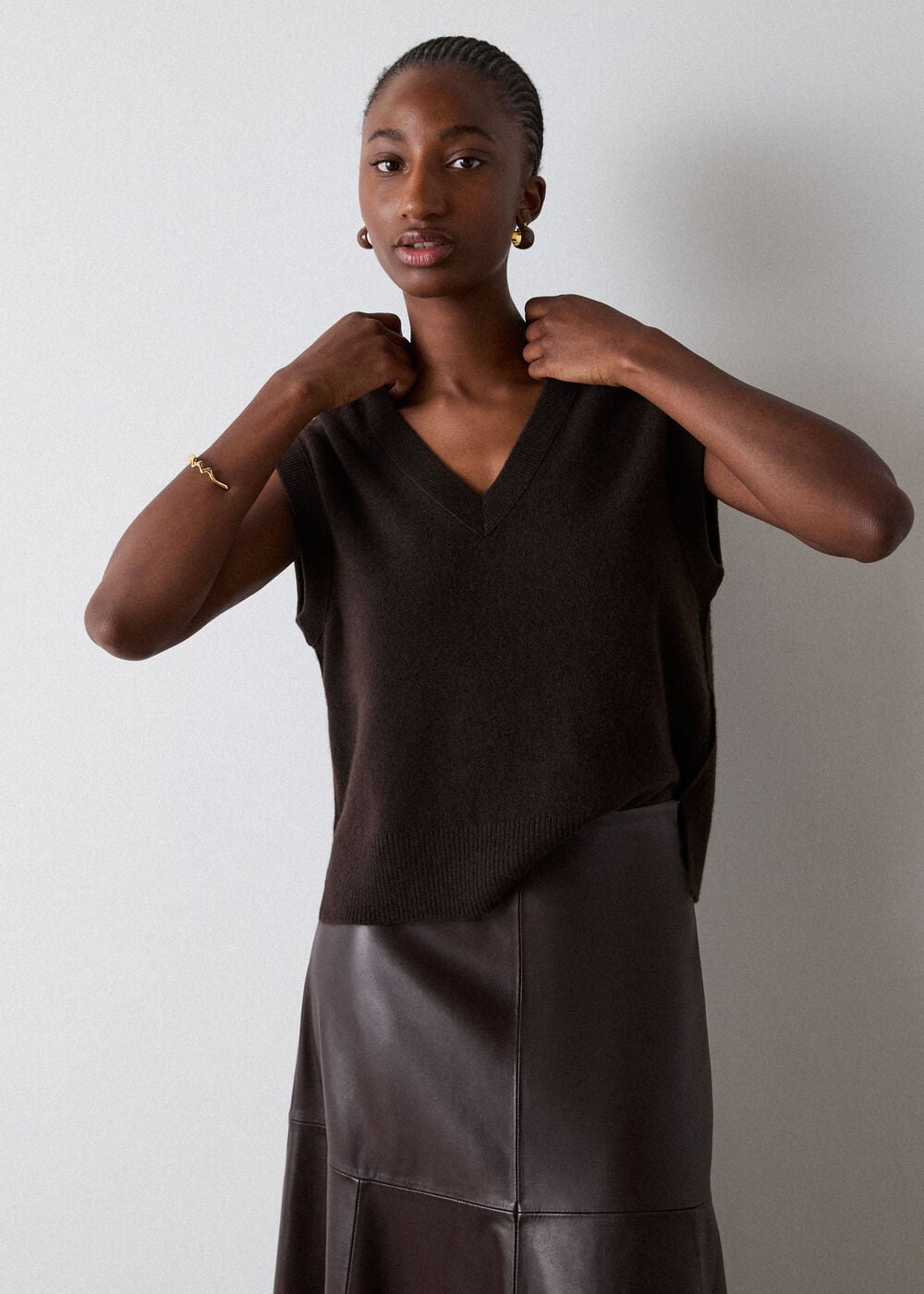 Brown Cashmere V Neck Tank