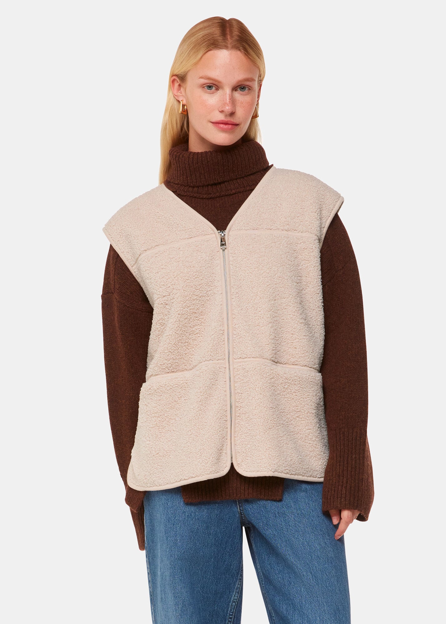 Cream Fleece Zip-Up Gilet with a V-Neck | Whistles | Whistles US |