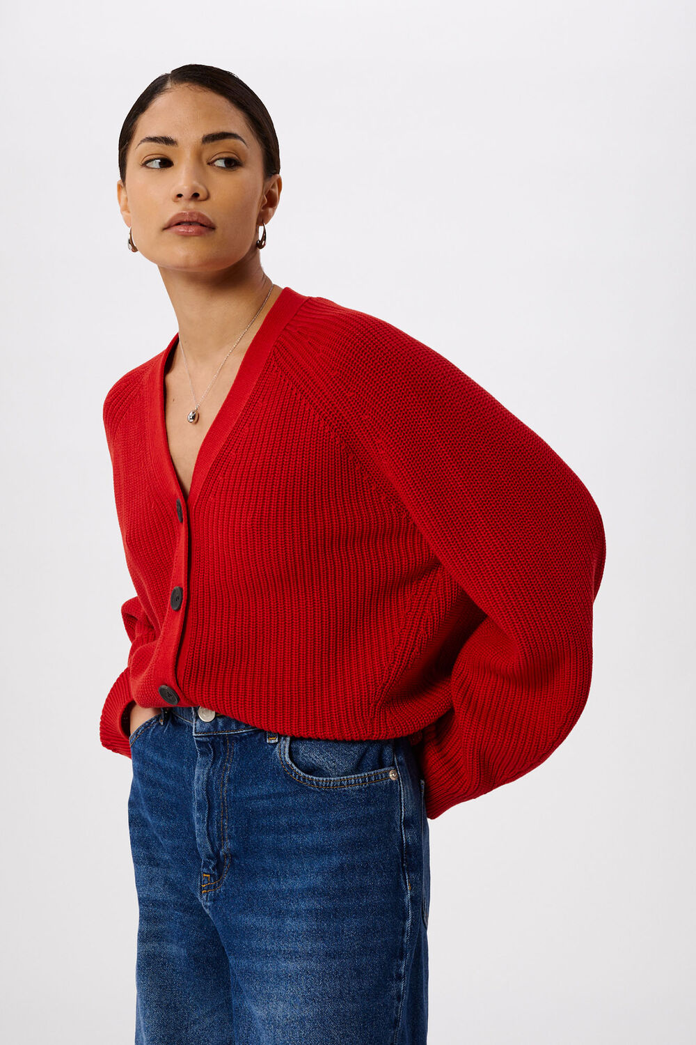 Red Petite V Neck Cotton Cardigan