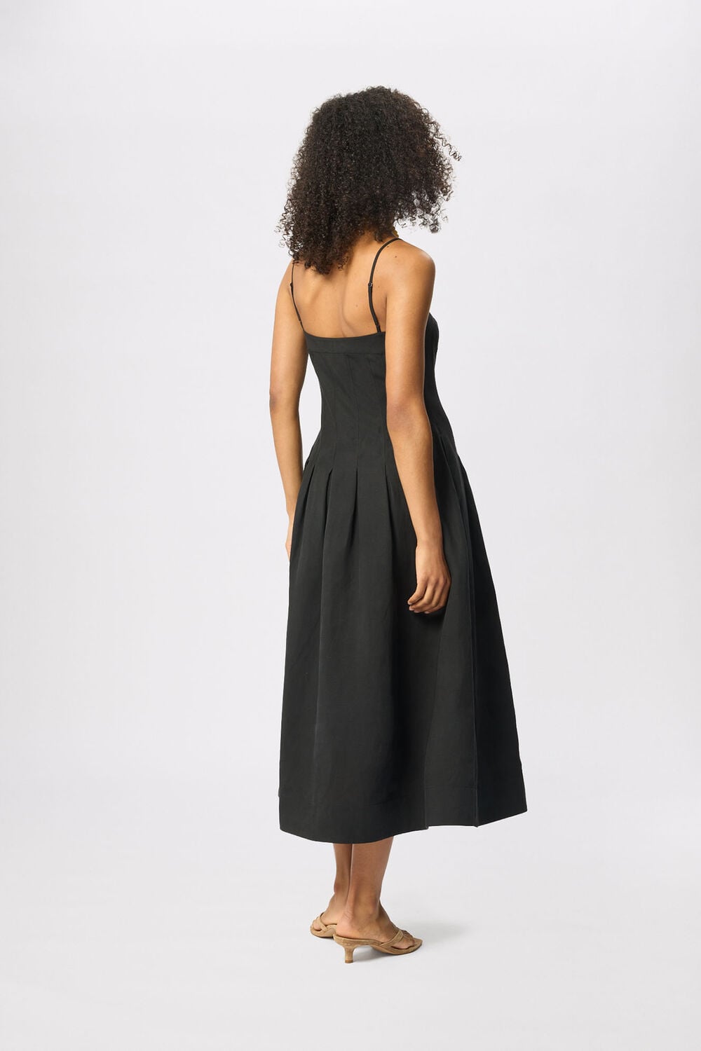 Black Linen Blend Waisted Midi Dress