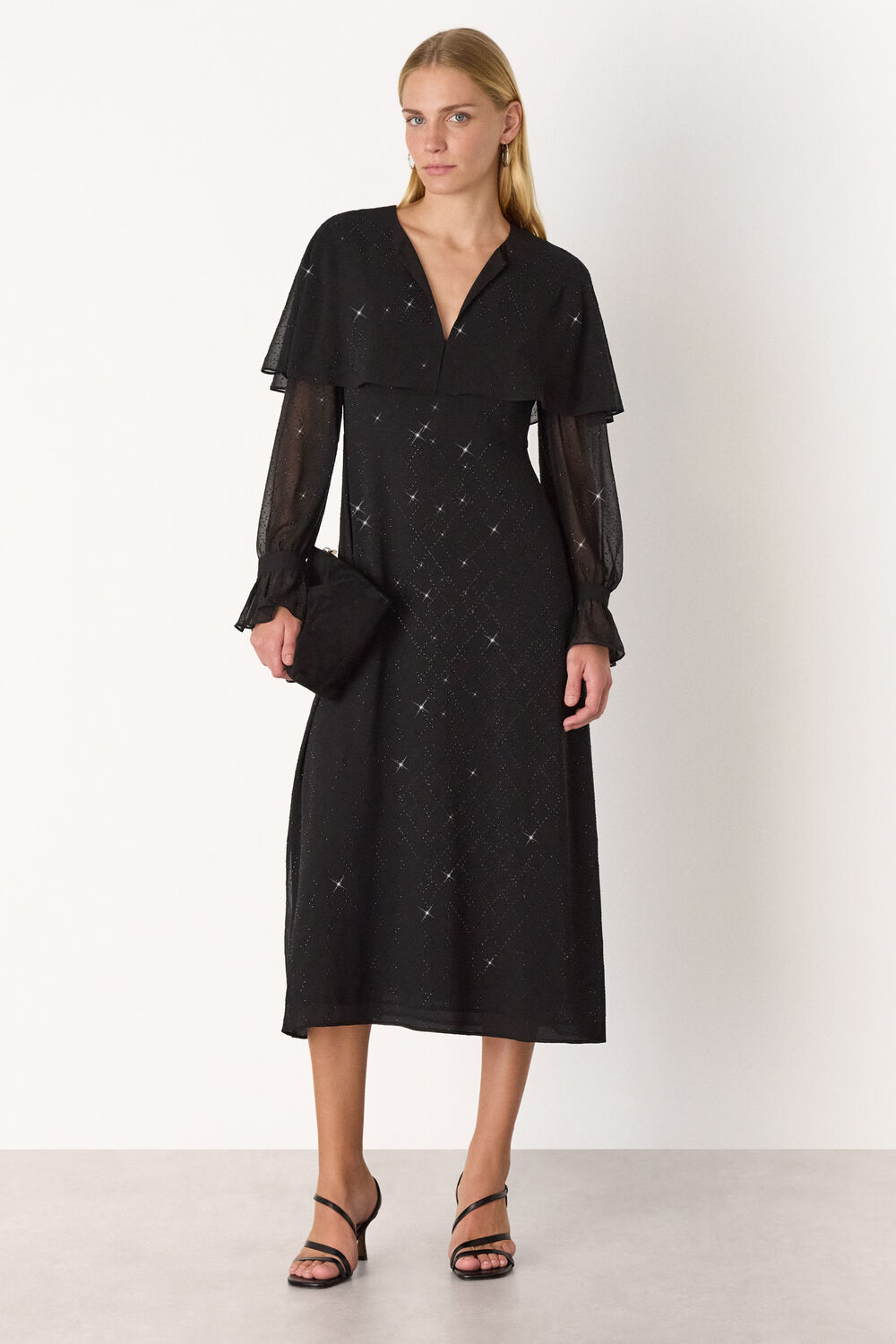 Black Hot Fix Cape Midi Dress