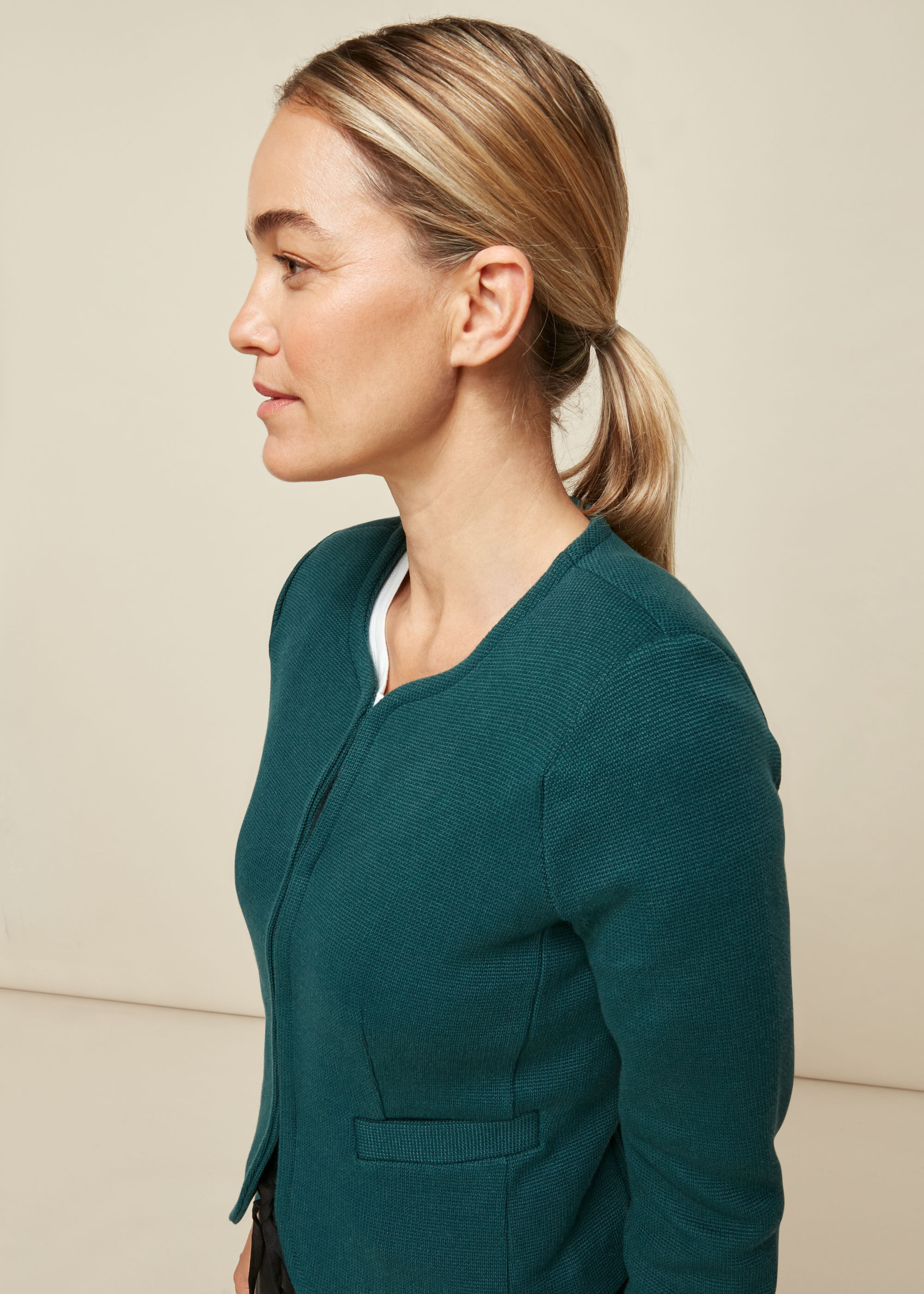 Dark Green Collarless Jersey Jacket | WHISTLES | Whistles US |