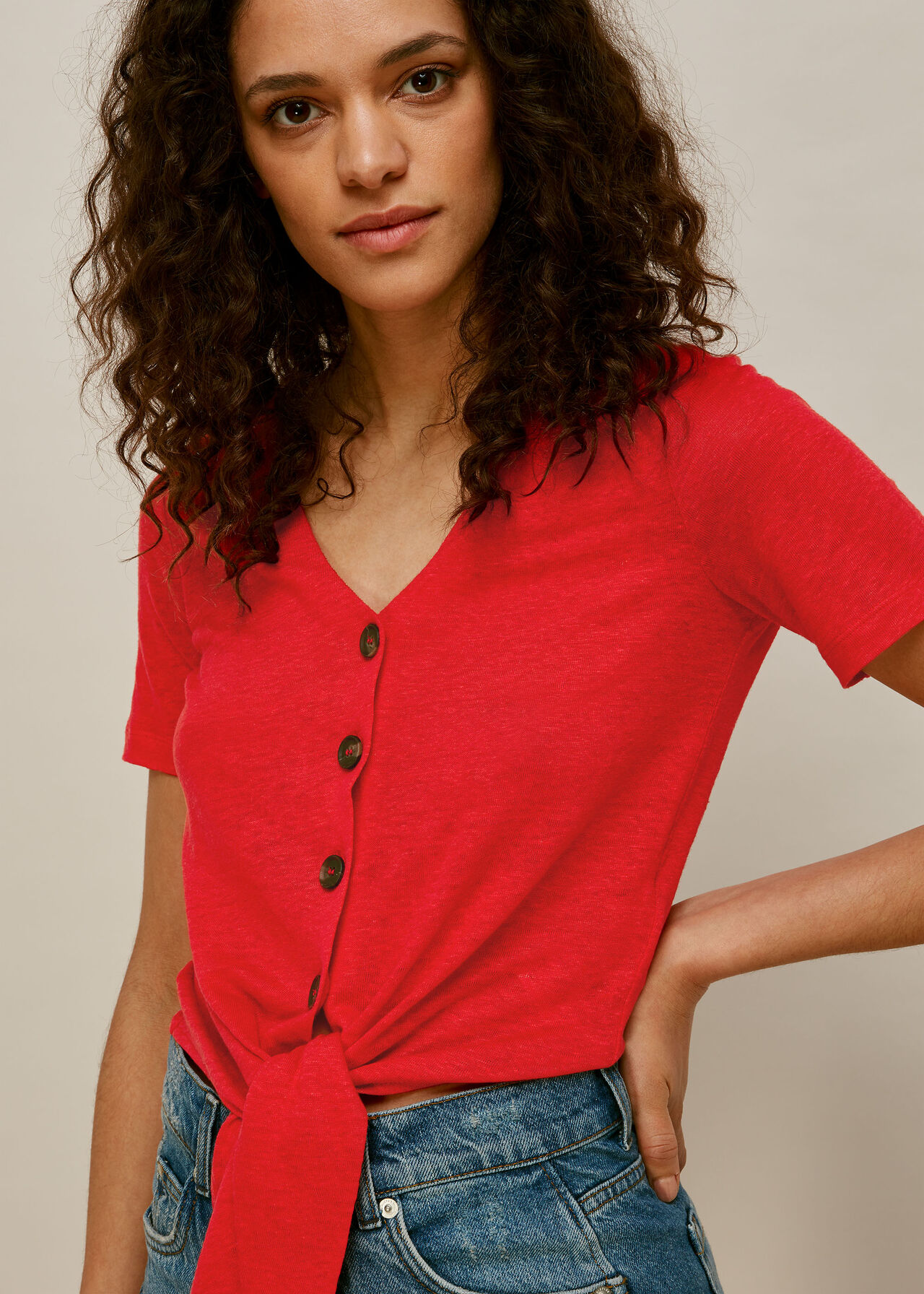 Linen Button Front Tie Top Red