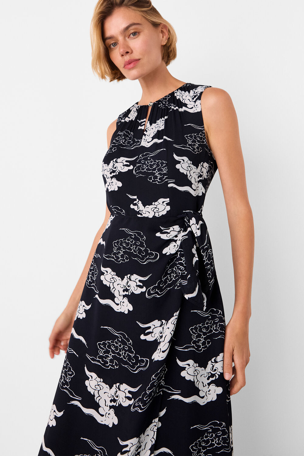 Navy Cloud Tie Waist Midi Dress