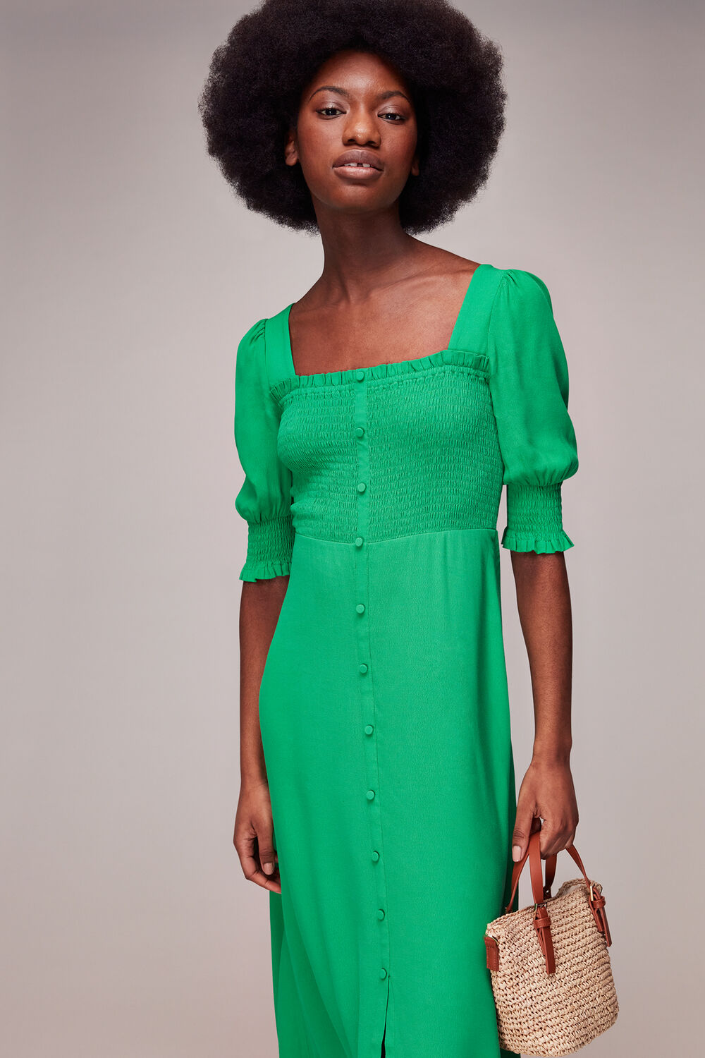 Green Luna Shirred Bodice Midi Dress